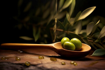 Olives, olive oil in small wooden tablespoon with branch of olive tree and soft shadow on the wooden background.