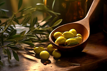 Olives, olive oil in the small wooden tablespoon with branch of olive tree and soft shadow on the wooden background. - obrazy, fototapety, plakaty