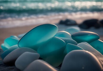 Colorful sea glass finds glistening on the beach near the water, a beautiful testament to the ocean's artistic touch
