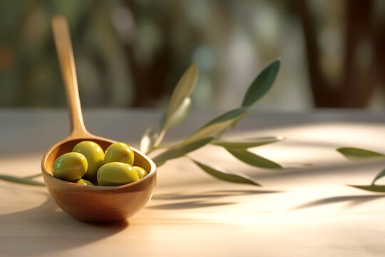 Olives, olive oil in the small wooden tablespoon with branch of olive tree and soft shadow on the light wooden background.