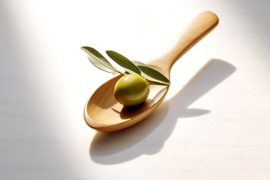Olives in the small wooden tablespoon with branch of olive tree and soft shadow on white background.