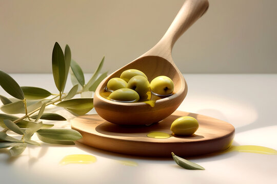 Olives, olive oil in the small wooden tablespoon with branch of olive tree and soft shadow on white background.