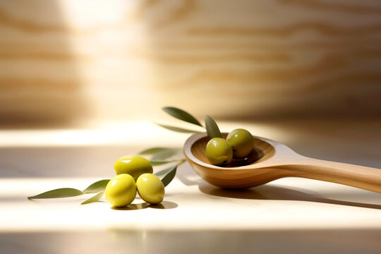 Olives in the small wooden tablespoon with branch of olive tree and soft shadow on white background.