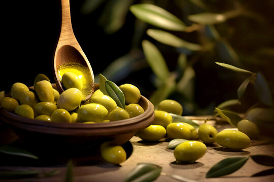 Olives, olive oil in the small wooden tablespoon with branch of olive tree and soft shadow on the wooden background.