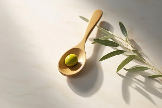 Olives in the small wooden tablespoon with branch of olive tree and soft shadow on white background.