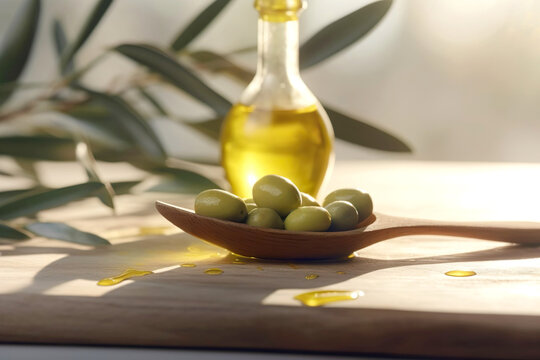 Olives, olive oil in small wooden tablespoon with branch of olive tree and soft shadow on the light wooden background.