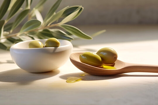 Olives, olive oil in the small wooden tablespoon with branch of olive tree and soft shadow on light wooden background.