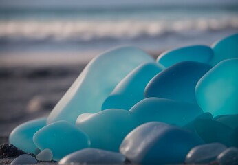 A mesmerizing collection of various colored sea glass fragments, delicately arranged on the beach near the water, like nature's jewels