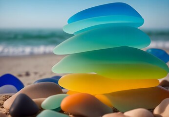 Multicolored sea glass gems scattered along the shoreline, near the water, offering a vibrant and captivating beach display