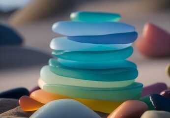 Close-up of a diverse array of colored sea glass sparkling on the beach, near the water's edge, creating a picturesque coastal scene