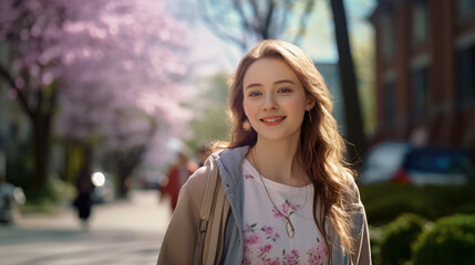 Fototapeta premium Beautiful elegant young model walking and strolling outdoors in sunny spring day.