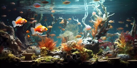 Tropical sea underwater fishes on coral reef. Aquarium oceanarium wildlife colorful marine panorama landscape nature snorkel diving - obrazy, fototapety, plakaty