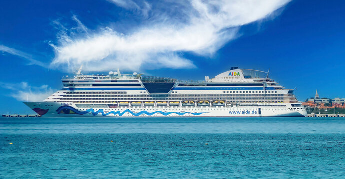 Bibinje, Croatia - May 9. 2016: Aida Bella cruise ship in croatian adriatic sea in summer (focus on center of ship)