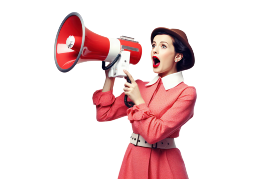 A Chic Brunette Lady Shouting into a Loudspeaker