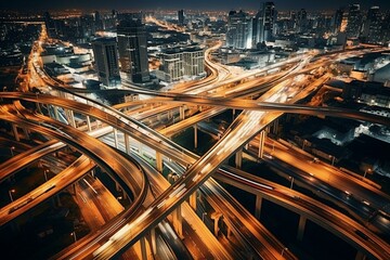 Fototapeta na wymiar Aerial expressway depicting bustling city traffic, advanced urban infrastructure at night. Generative AI