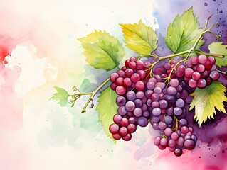 Watercolor illustration background with red berries on white background 