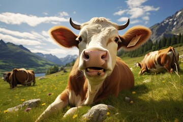 Fototapeta na wymiar Portrait of a happy cow in the meadow