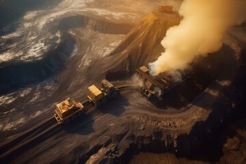 Open pit mining, massive coal truck, aerial drone view. Generative AI