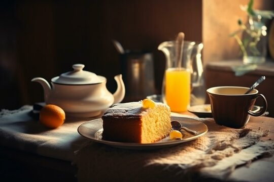 warm kitchen. cake on table. tasty tea dessert for coffee. Generative AI