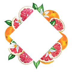 Watercolor frame of red oranges, flowers and leaves hand-painted in botanical style, for use in holiday, wedding and food design. citrus tropical