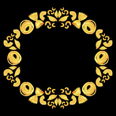 Round frame made of different types of Italian pasta for designing menus, certificates and booklets, and advertising cafes. Wreath. Isolated watercolor illustration. Clipart.