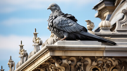 Obraz premium A pigeon nesting atop an ornate architectural ledge Ai Generative