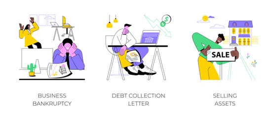 Business liquidation isolated cartoon vector illustrations set. Disappointed business owner sad about company bankruptcy, upset man holds debt collection letter, selling assets vector cartoon.