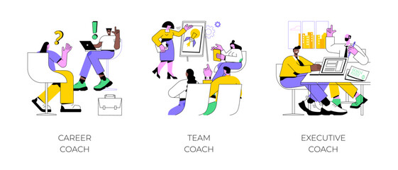 Business coaching isolated cartoon vector illustrations set. Business person talking with personal career coach, group people have conversation with specialist, executive training vector cartoon.