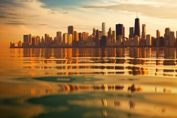 Reflection of Chicago skyline on water. Generative AI