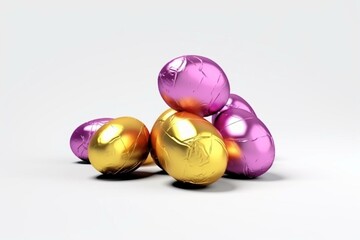 White background, unwrapped chocolate eggs with yellow, purple, and pink foil. 3D render. Generative AI