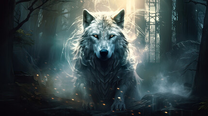 A guardian wolf, its shimmering form guiding lost souls through dark woods Ai Generative