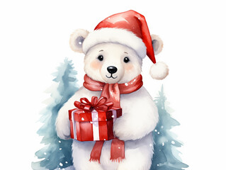 Watercolor illustration of cute winter polar bear