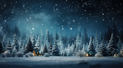 Christmas tree decorated  in snowy winter landscape with bright balls stars glowing and blur background AI generated
