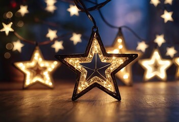 Decoration with a Christmas star on a bokeh background. Christmas background. Garland of Christmas glowing stars.