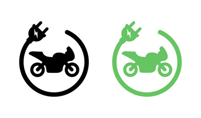Electric Motorcycle Icon Set. Motorbike Silhouette. Motorcycle for Race Illustrations. Sportbike Vector Sign. Concept Green Energy