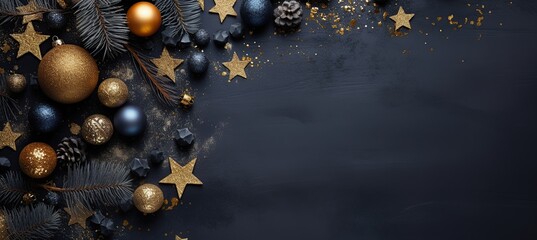 christmas tree and decorations on black background photo, in the style of dark indigo and dark gold,copy space - obrazy, fototapety, plakaty