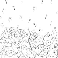 Black and white abstract dandelion design. Simple outline banner made of flowers, leaves and fluff.