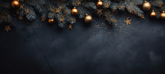 christmas tree and decorations on black background photo, in the style of dark indigo and dark gold,copy space - obrazy, fototapety, plakaty
