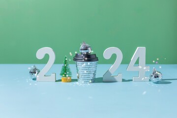 Background with 2024 numbers and bokeh lights. New year’s Banner For coffee brand.	