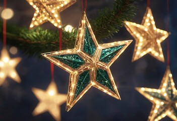 Decoration with a Christmas star on a bokeh background. Christmas background. Garland of Christmas glowing stars.