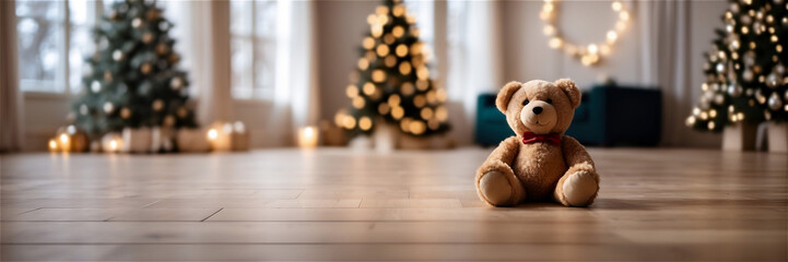A cozy in-house ambiance with a wooden floor, the showcases a central space perfect for mockups. The backdrop features a festive Christmas setup adorned with a delightful Teddy bear. Generated Ai