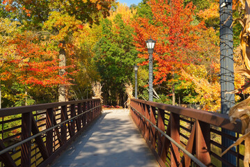 Fototapeta na wymiar A footbridge over a narrow portion of Coe Lake in Berea, Ohio, leading to autumn colors. The railings are adorned with padlocks, signifying romantic attachments.