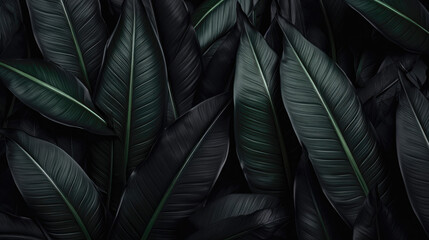 Textured abstract black leaves create a dark and tropical backdrop.