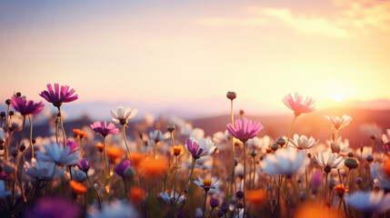 Wide field of wildflowers in summer sunset, panorama blur background. Autumn or summer wildflowers background. Shallow depth of field
