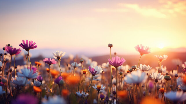 Wide field of wildflowers in summer sunset, panorama blur background. Autumn or summer wildflowers background. Shallow depth of field