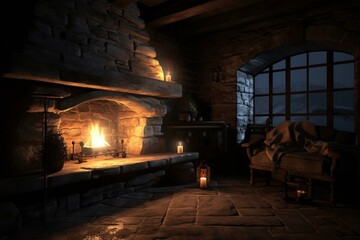 Warmth from a fireplace in moonlight. Generative AI