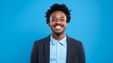 a young black male presenter smiling in front of a bright solid blue background - obrazy, fototapety, plakaty