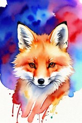 Cute fox , watercolor drawing.