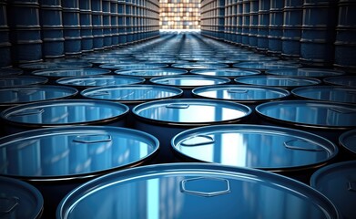 3D rendering of a group of oil barrels in a warehouse.