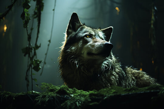 Photo of a wolf against the light, in a forest, at night, only lit by the full moon created with Generative Ai